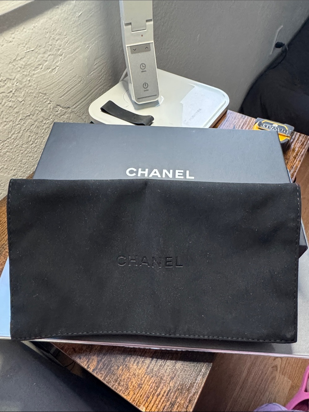 CHANEL Black Suede Dust Pouch with Embossed Logo plus box